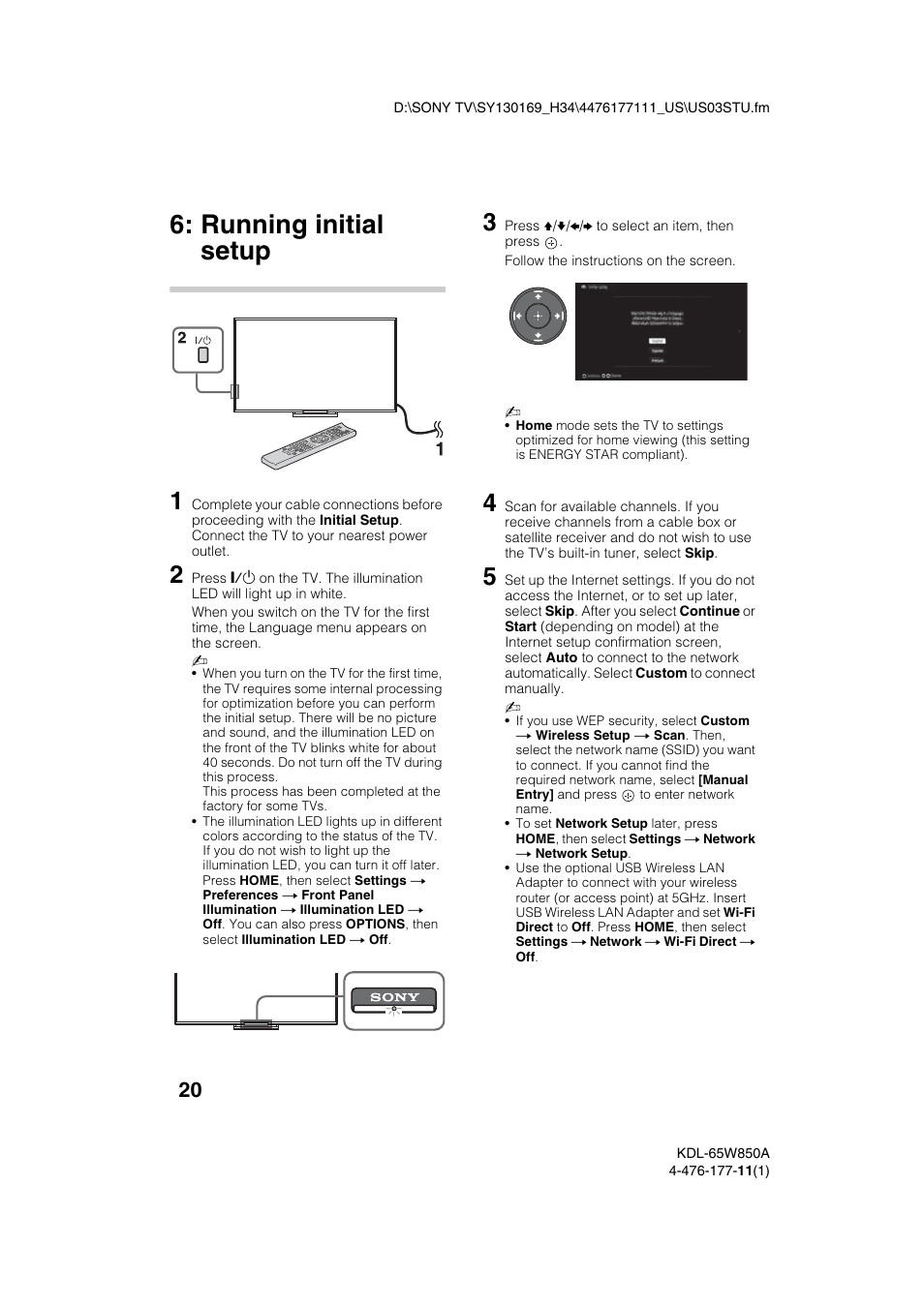 Running initial setup | Sony KDL-65W850A User Manual | Page 20 / 36