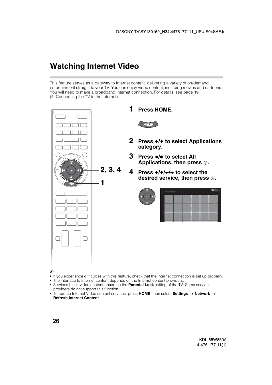 Watching internet video | Sony KDL-65W850A User Manual | Page 26 / 36