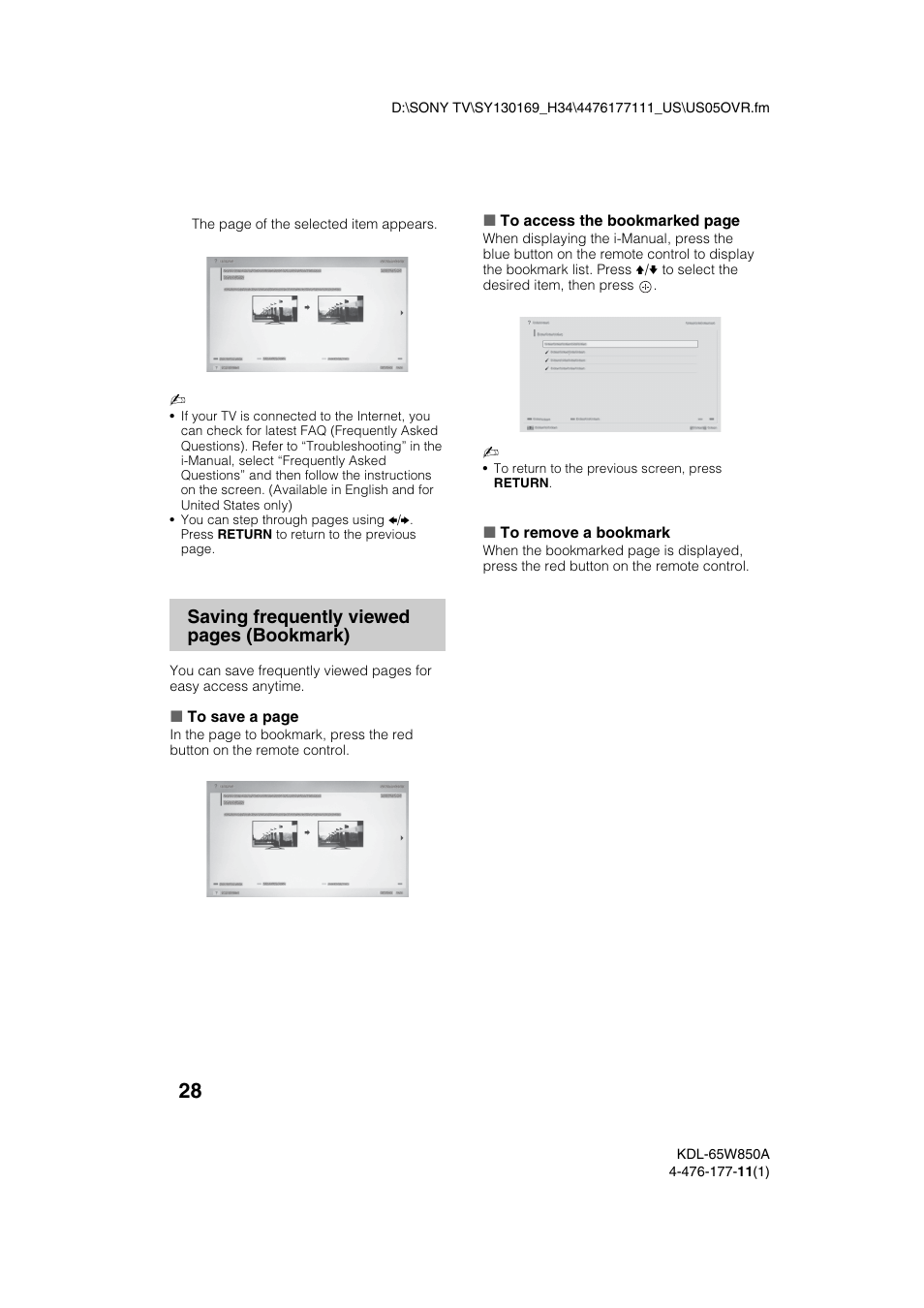 Saving frequently viewed pages (bookmark) | Sony KDL-65W850A User Manual | Page 28 / 36