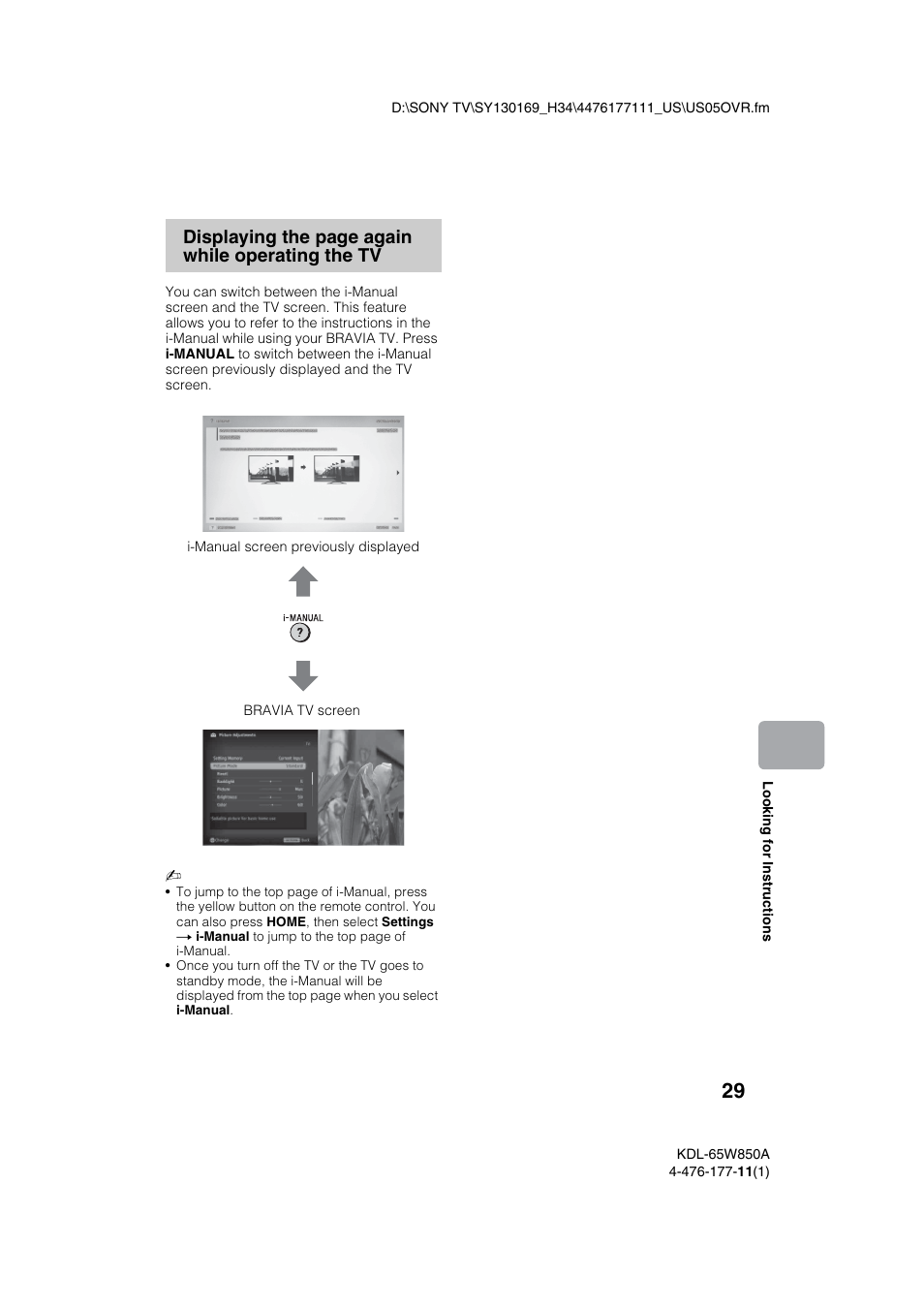 Displaying the page again while operating the tv | Sony KDL-65W850A User Manual | Page 29 / 36