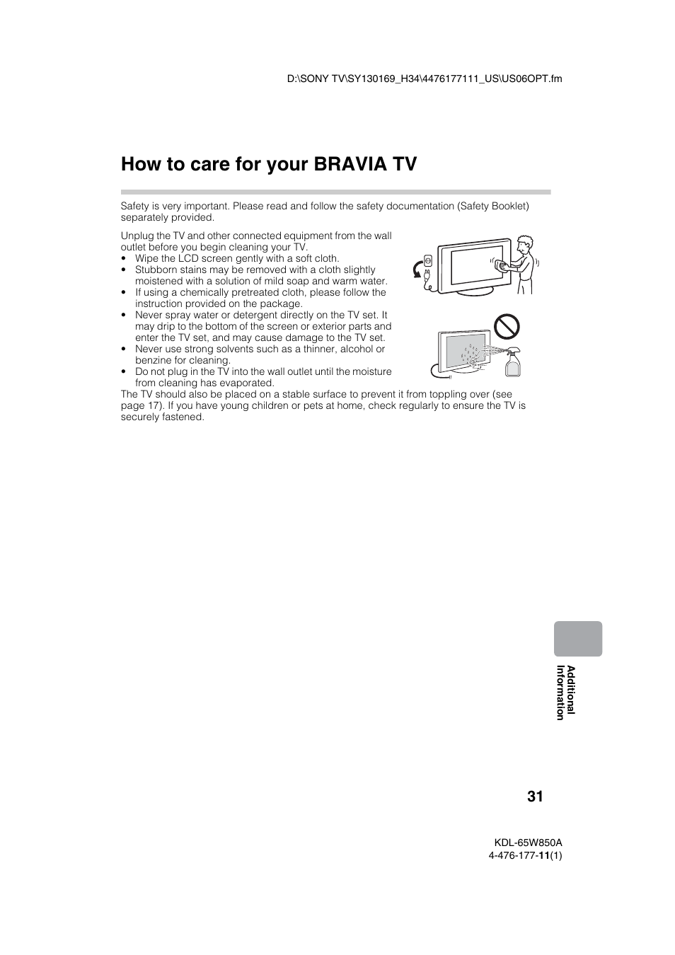 How to care for your bravia tv | Sony KDL-65W850A User Manual | Page 31 / 36