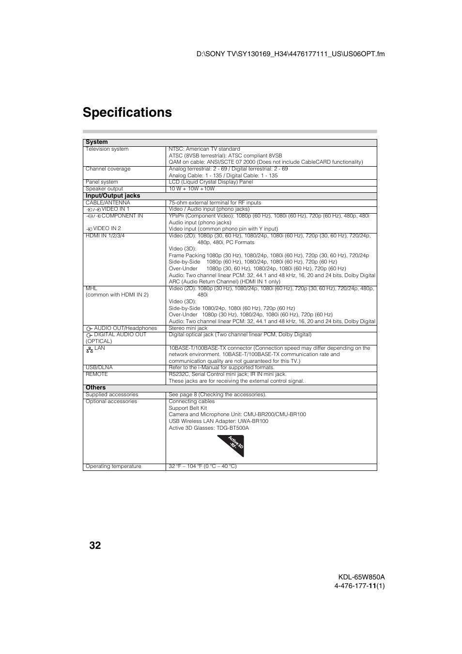 Specifications | Sony KDL-65W850A User Manual | Page 32 / 36