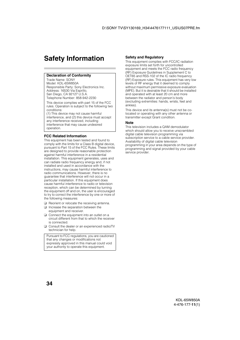 Safety information | Sony KDL-65W850A User Manual | Page 34 / 36