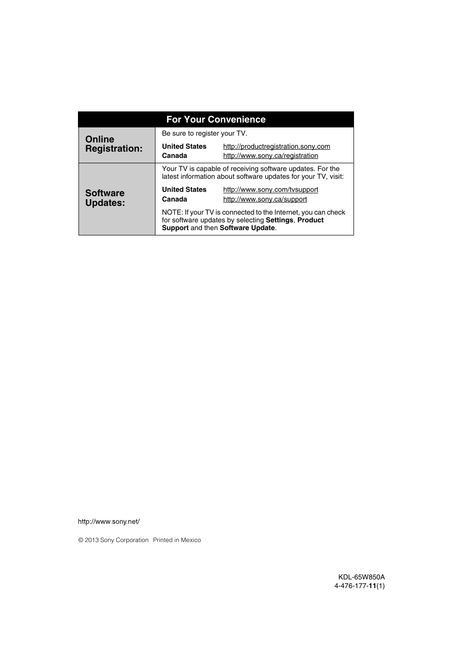 For your convenience online registration, Software updates | Sony KDL-65W850A User Manual | Page 36 / 36