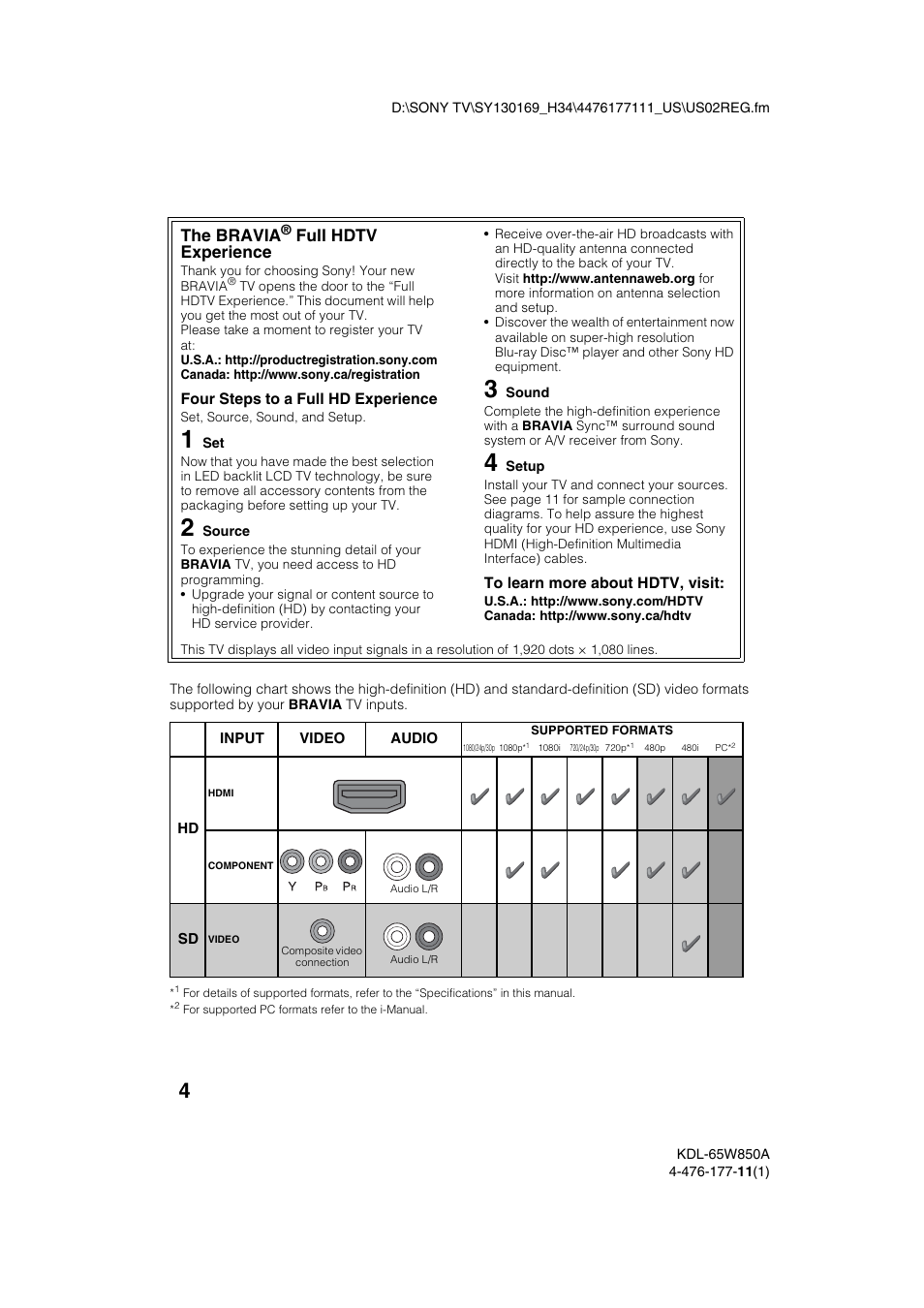 The bravia, Full hdtv experience | Sony KDL-65W850A User Manual | Page 4 / 36