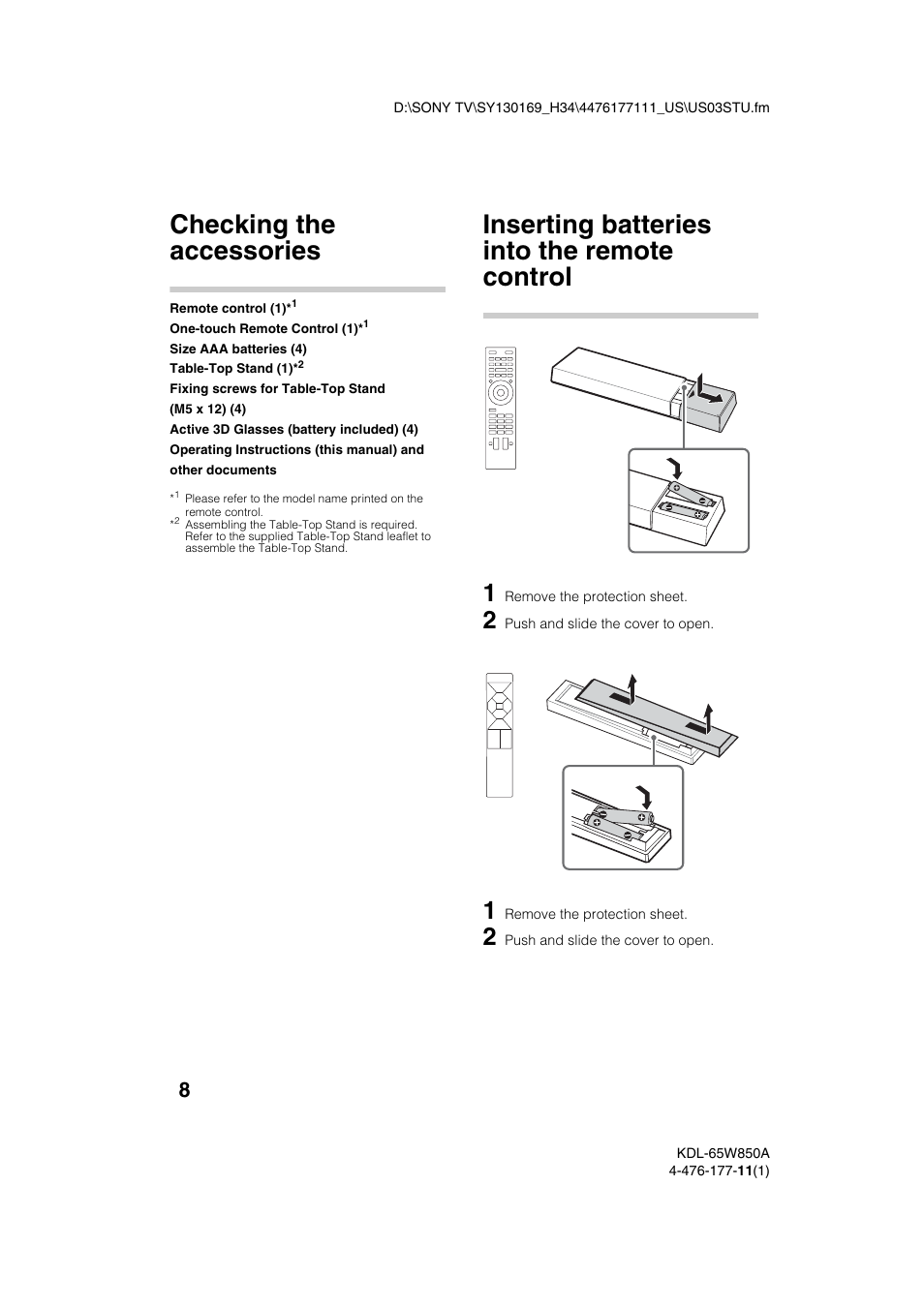 Getting started, Checking the accessories, Inserting batteries into the remote control | Sony KDL-65W850A User Manual | Page 8 / 36