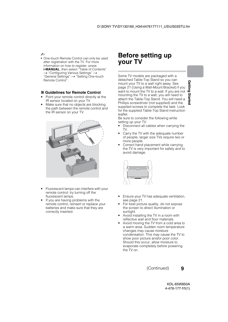 Before setting up your tv | Sony KDL-65W850A User Manual | Page 9 / 36