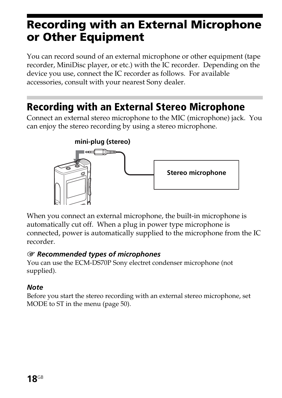 Recording with an external stereo microphone | Sony ICD-BM1AVTP User Manual | Page 18 / 68