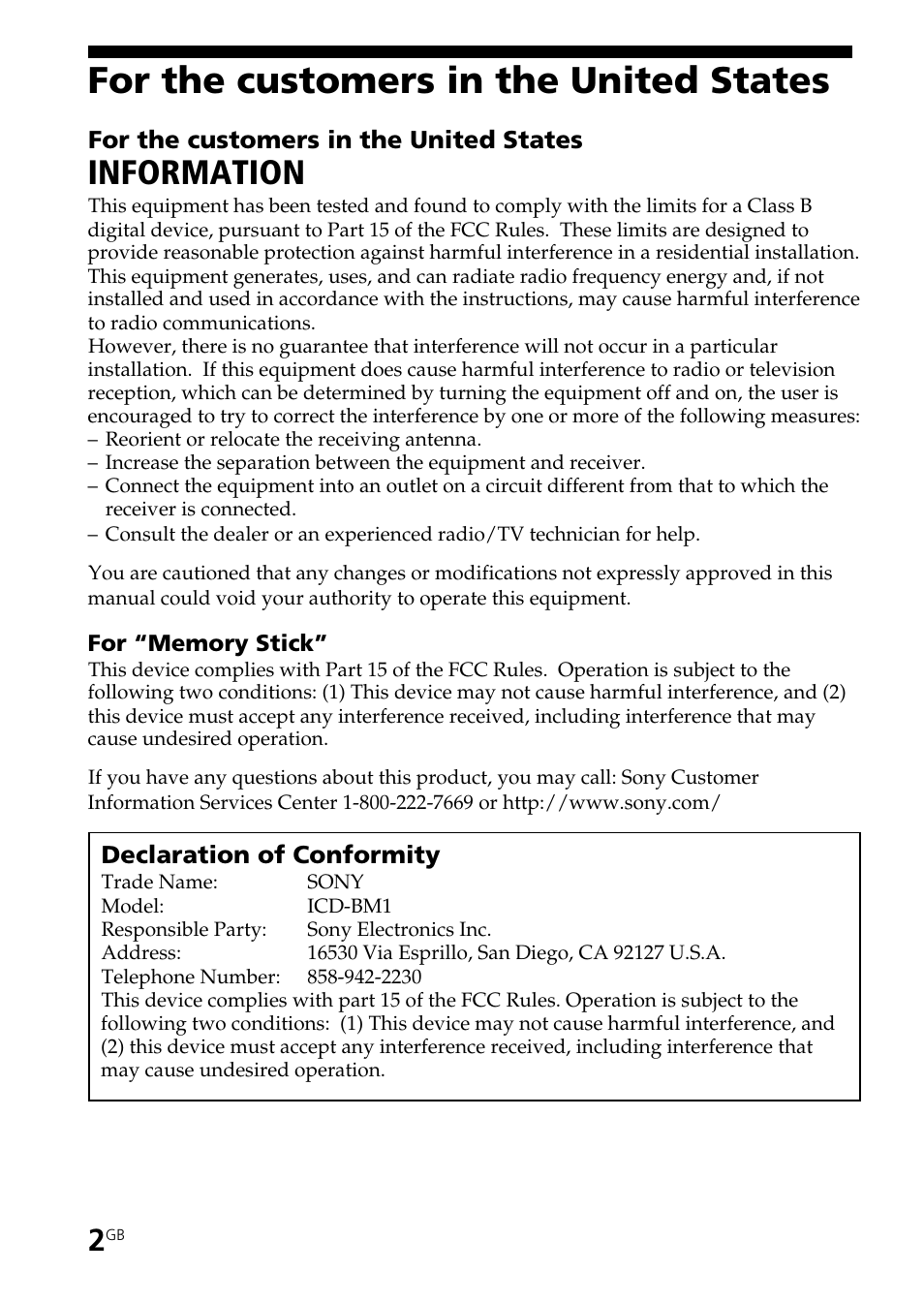 For the customers in the united states, Information | Sony ICD-BM1AVTP User Manual | Page 2 / 68