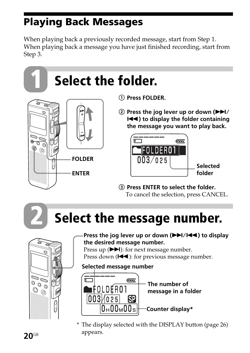 Playing back messages, Select the message number, Select the folder | Sony ICD-BM1AVTP User Manual | Page 20 / 68