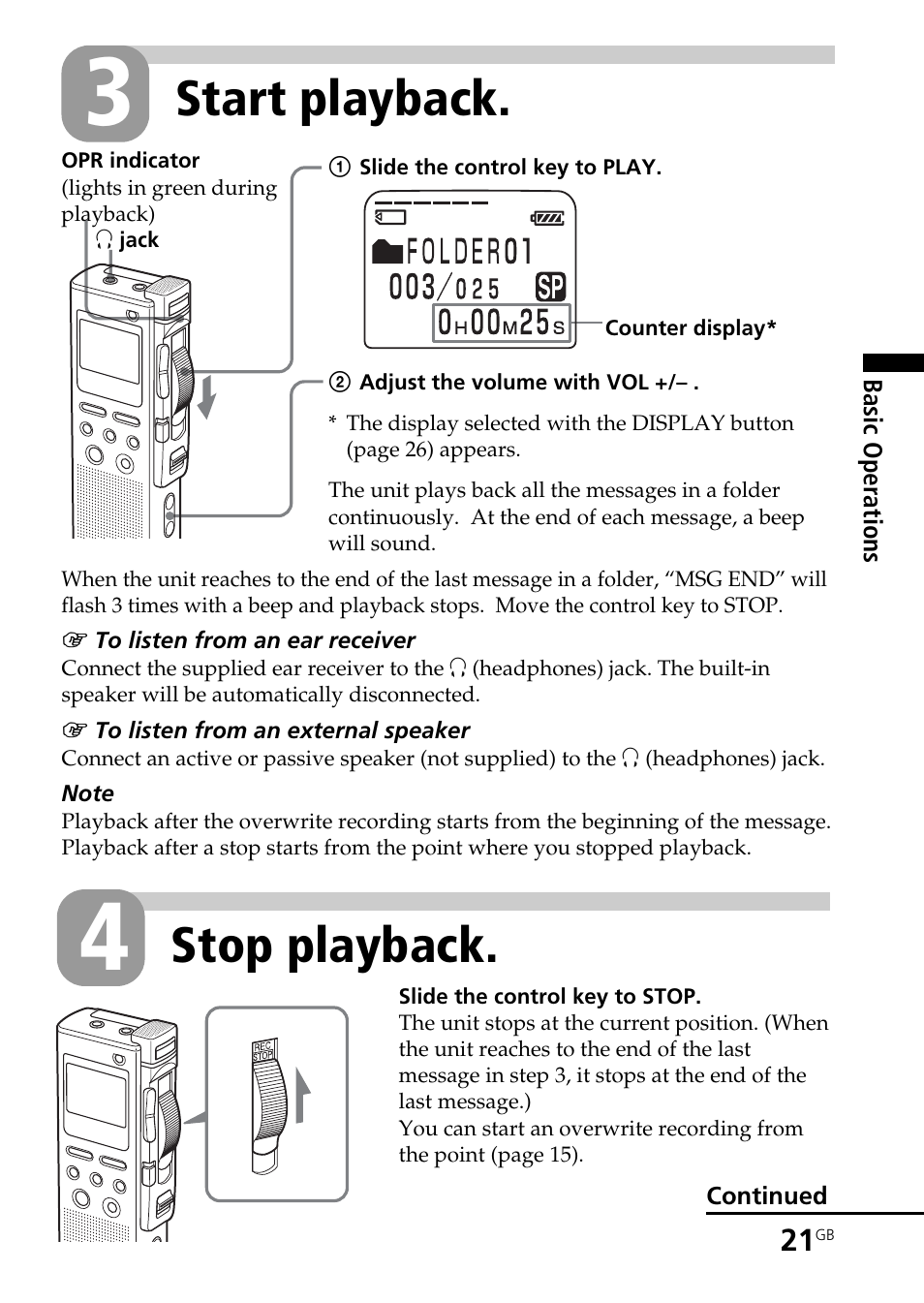 Stop playback, Start playback | Sony ICD-BM1AVTP User Manual | Page 21 / 68