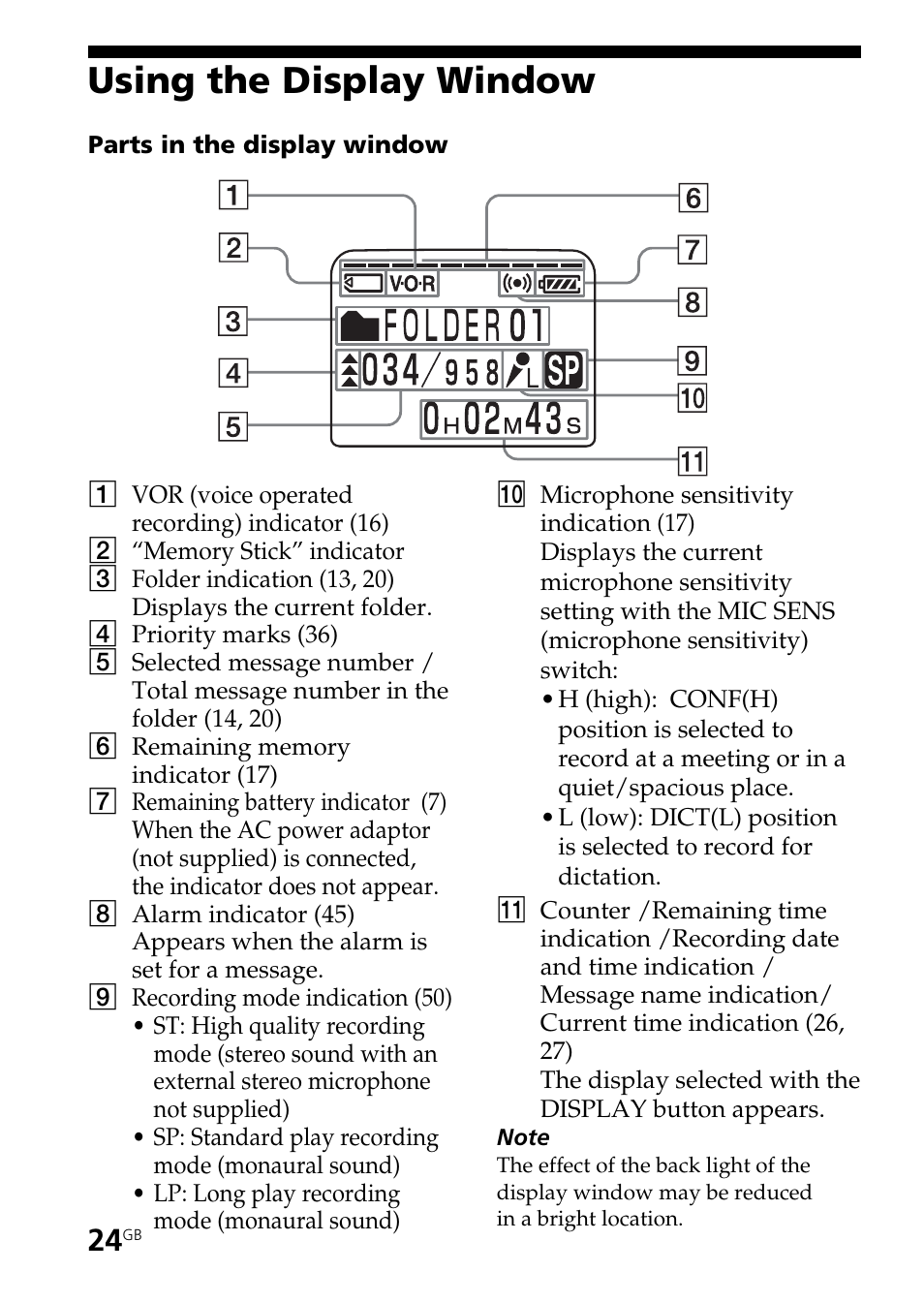 Using the display window | Sony ICD-BM1AVTP User Manual | Page 24 / 68