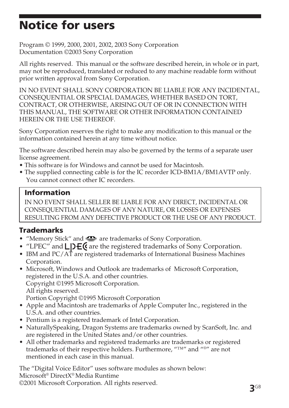 Notice for users | Sony ICD-BM1AVTP User Manual | Page 3 / 68