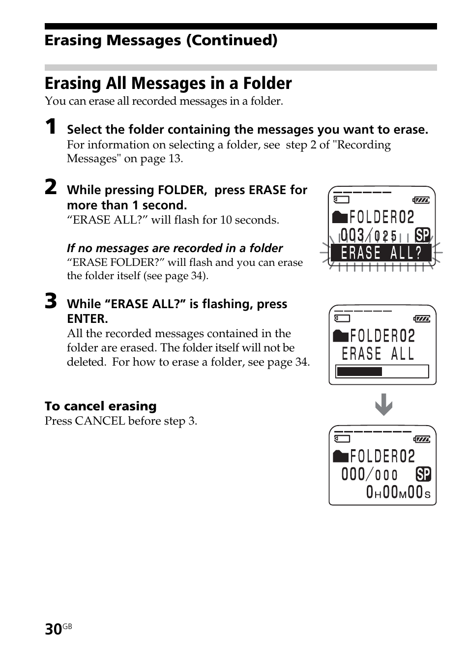 Erasing all messages in a folder | Sony ICD-BM1AVTP User Manual | Page 30 / 68