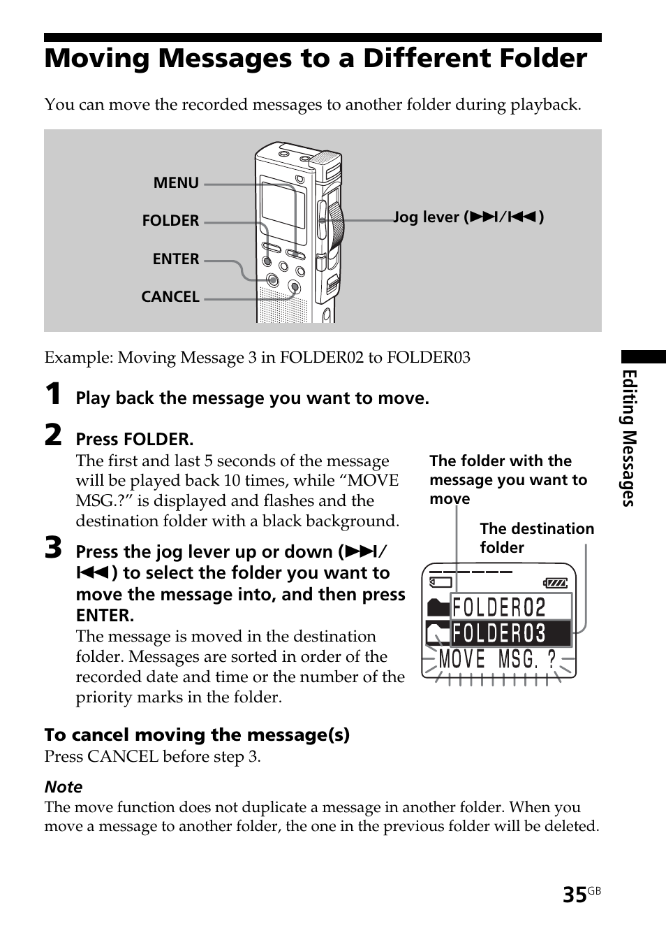 Moving messages to a different folder | Sony ICD-BM1AVTP User Manual | Page 35 / 68