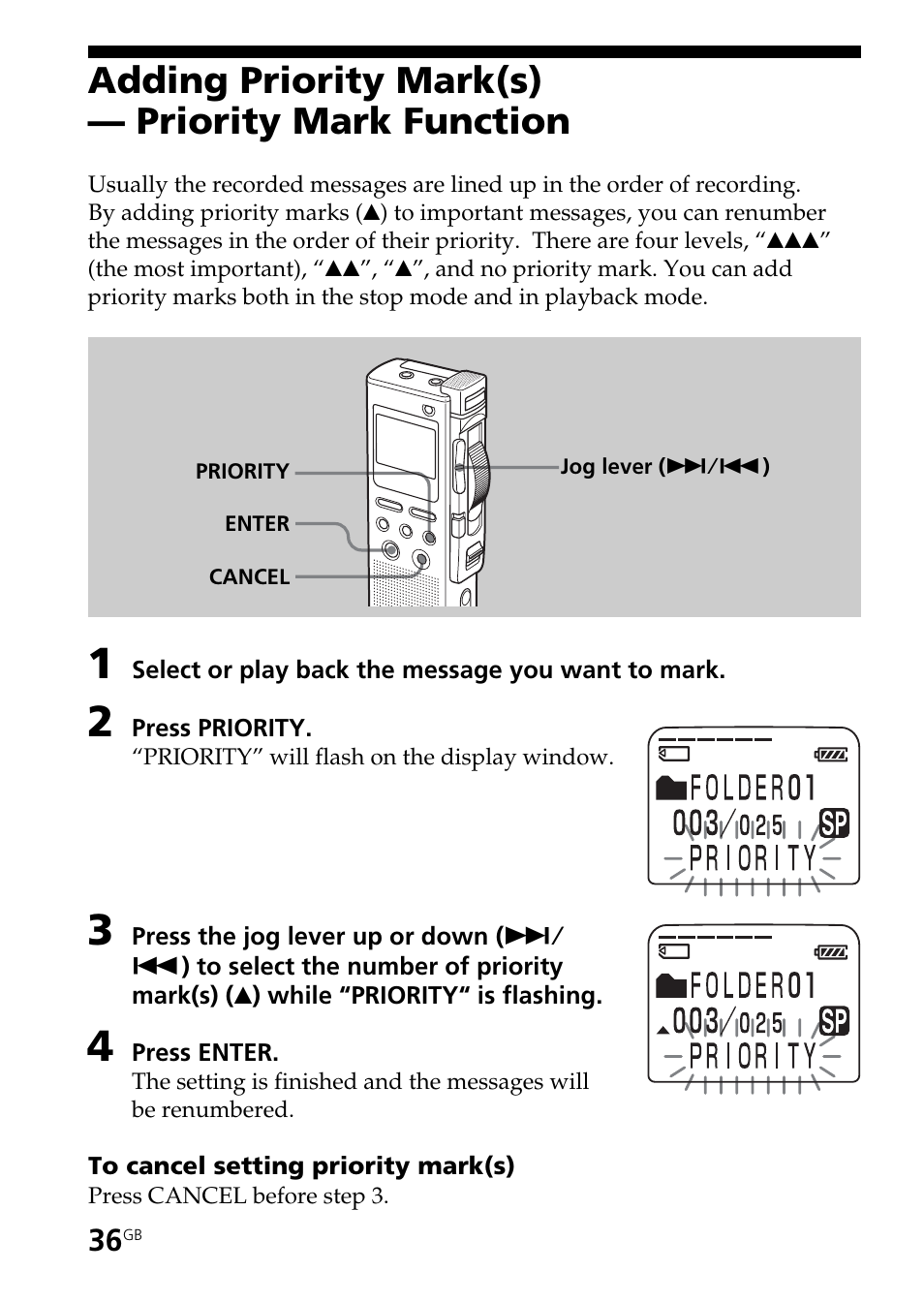 Adding priority mark(s) — priority mark function, Adding priority mark(s), Priority mark function | Sony ICD-BM1AVTP User Manual | Page 36 / 68