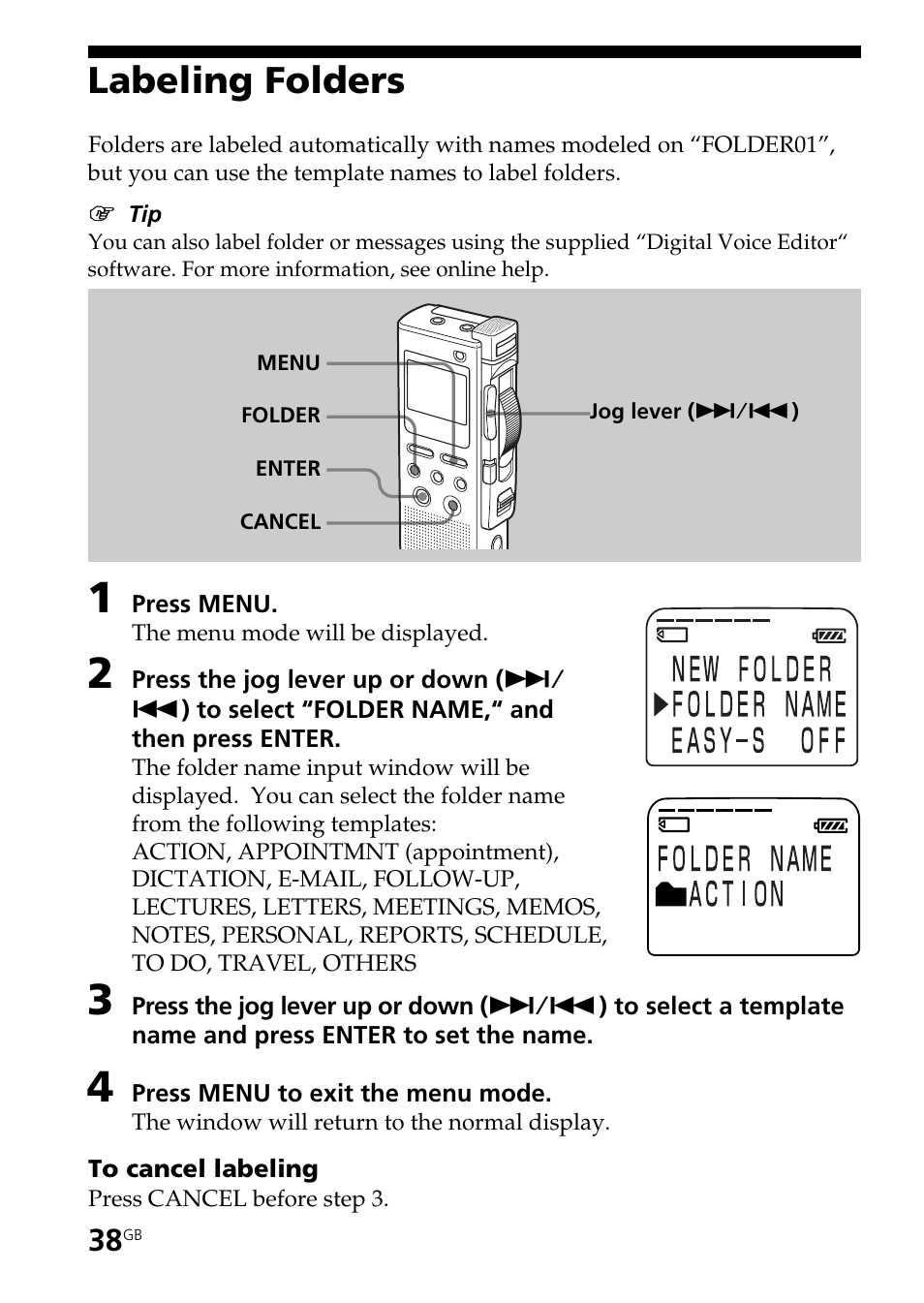 Labeling folders | Sony ICD-BM1AVTP User Manual | Page 38 / 68