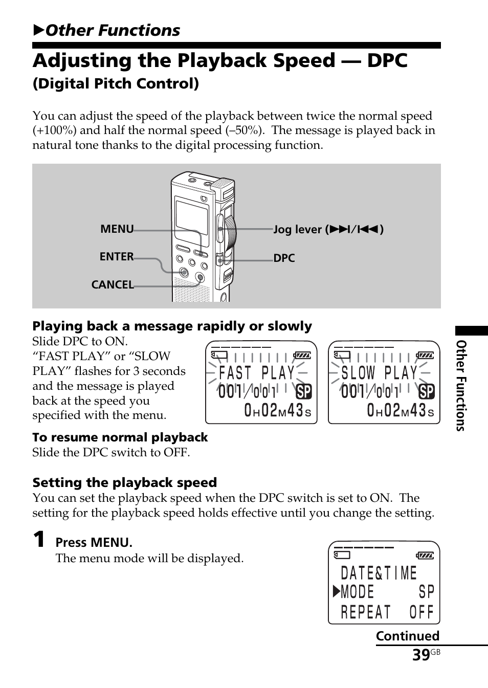 Other functions, Adjusting the playback speed — dpc, Digital pitch control) | Bother functions | Sony ICD-BM1AVTP User Manual | Page 39 / 68
