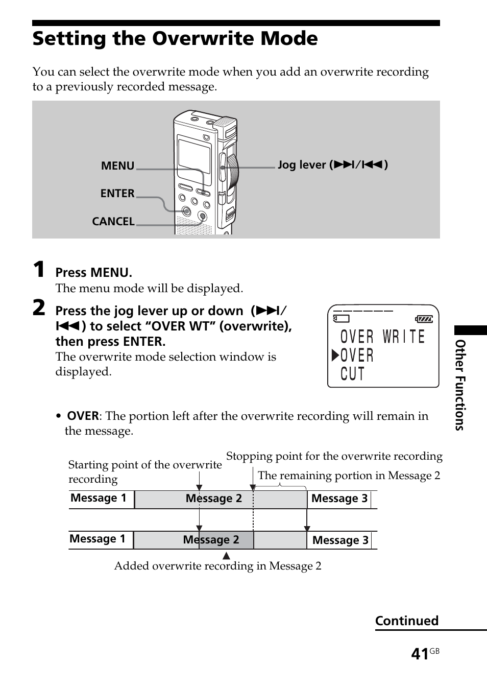 Setting the overwrite mode | Sony ICD-BM1AVTP User Manual | Page 41 / 68