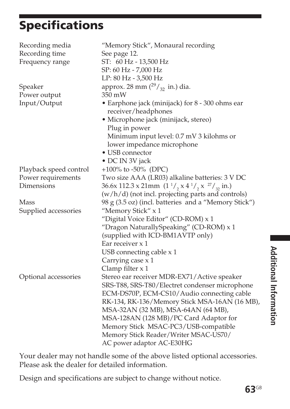 Specifications, Additional informatio n | Sony ICD-BM1AVTP User Manual | Page 63 / 68