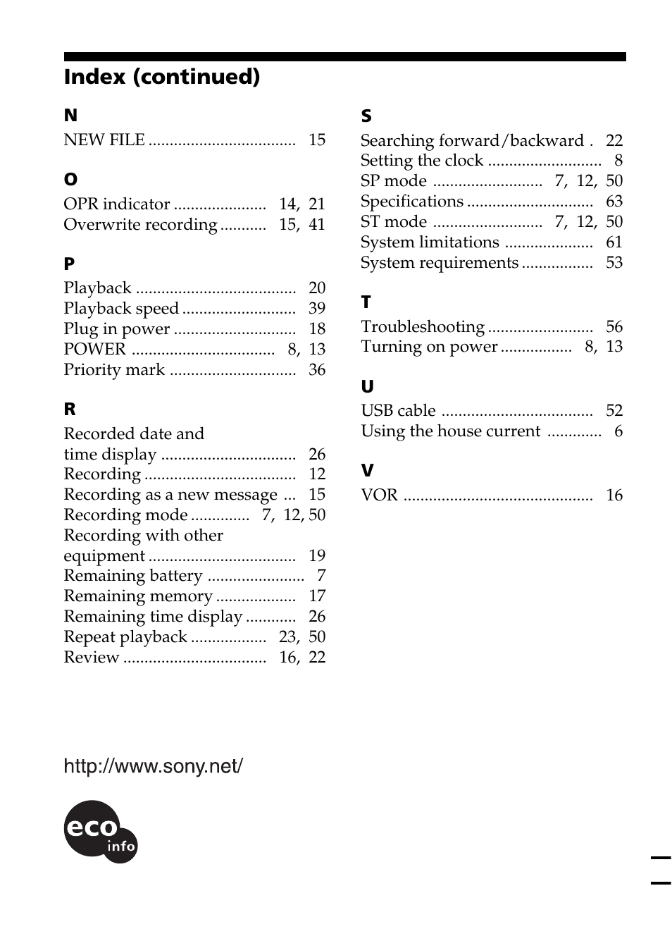 Index (continued) | Sony ICD-BM1AVTP User Manual | Page 68 / 68