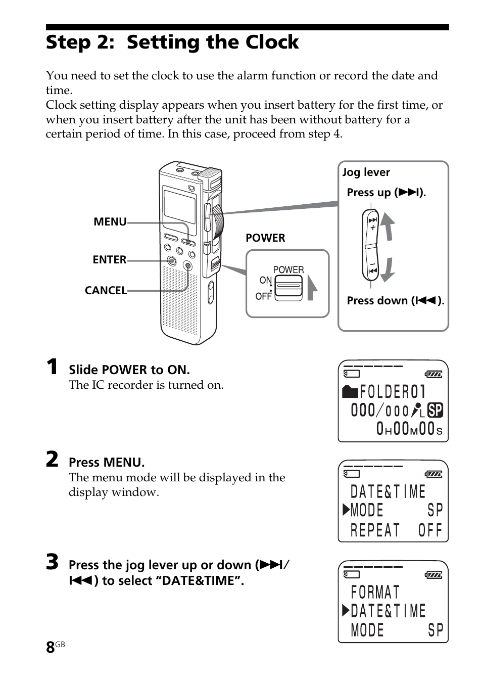 Step 2: setting the clock | Sony ICD-BM1AVTP User Manual | Page 8 / 68