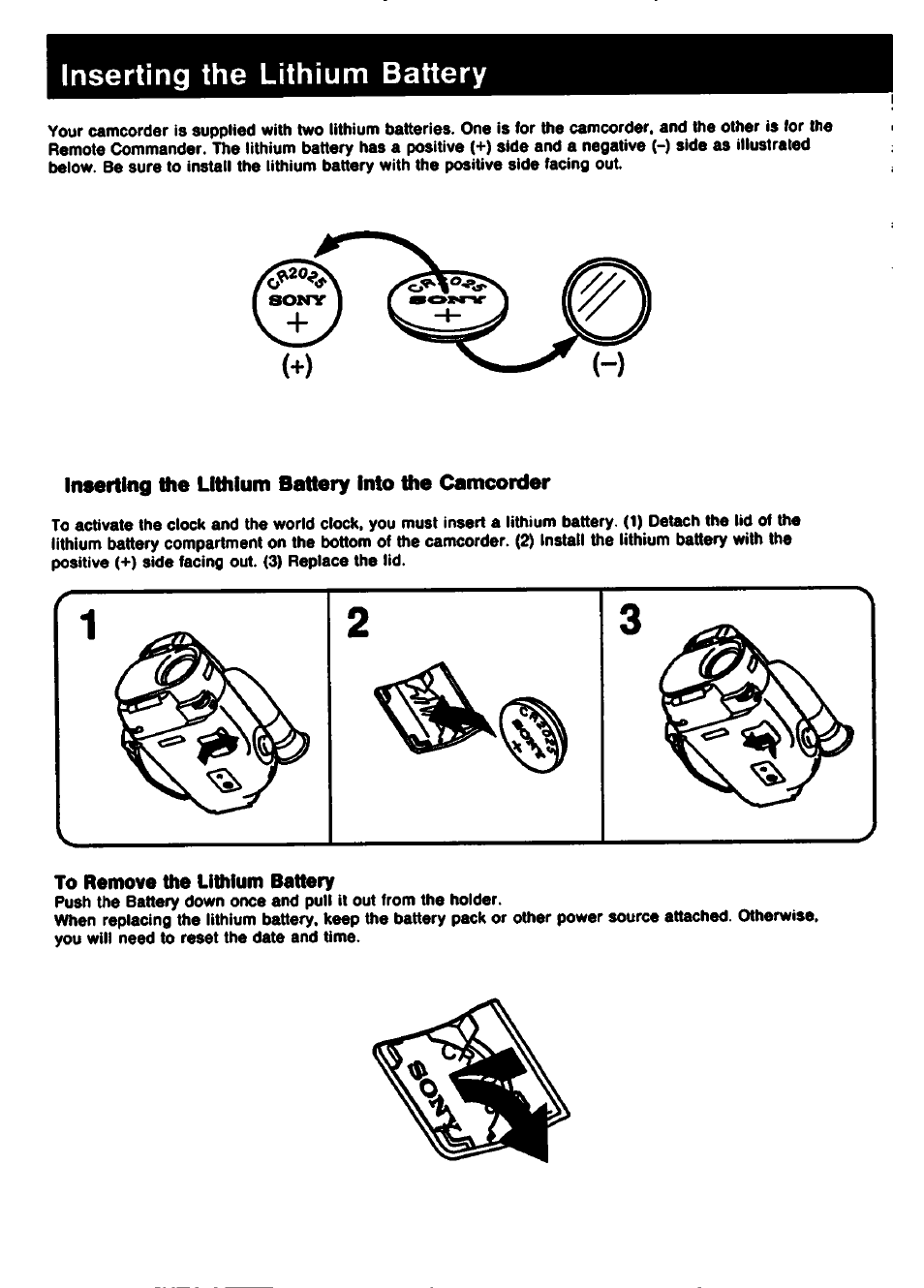Inserting the lithium battery, Inserting the lithium battery into the camcorder, To remove the lithium battery | Sony CCD-TR61 User Manual | Page 10 / 52