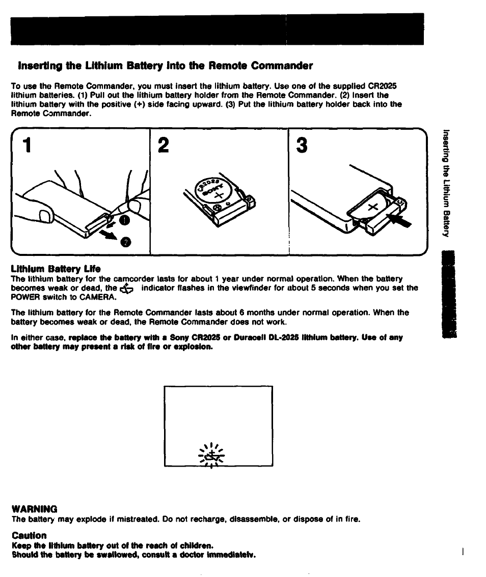 Lithium battery life, Warning, Caution | Sony CCD-TR61 User Manual | Page 11 / 52