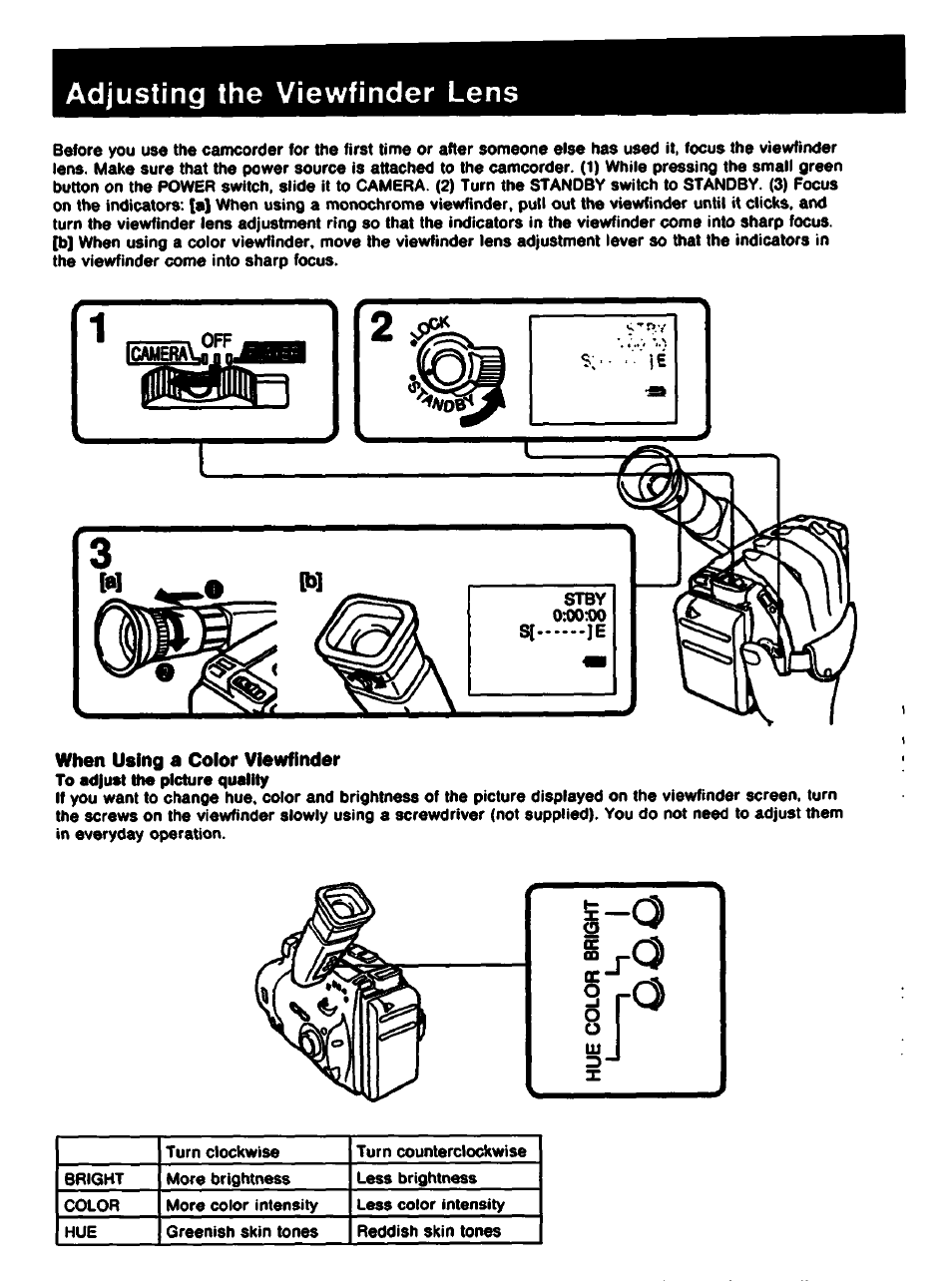 Adjusting the viewfinder lens, When using a color viewfinder | Sony CCD-TR61 User Manual | Page 14 / 52