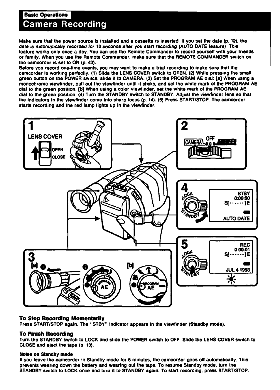 Basic operations, Camera recording, To stop recording momentarily | To finish recording | Sony CCD-TR61 User Manual | Page 16 / 52