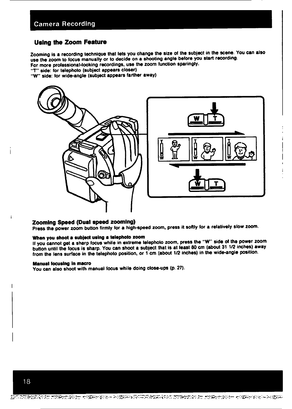 Using the zoom feature, Zooming speed (dual speed zooming) | Sony CCD-TR61 User Manual | Page 18 / 52