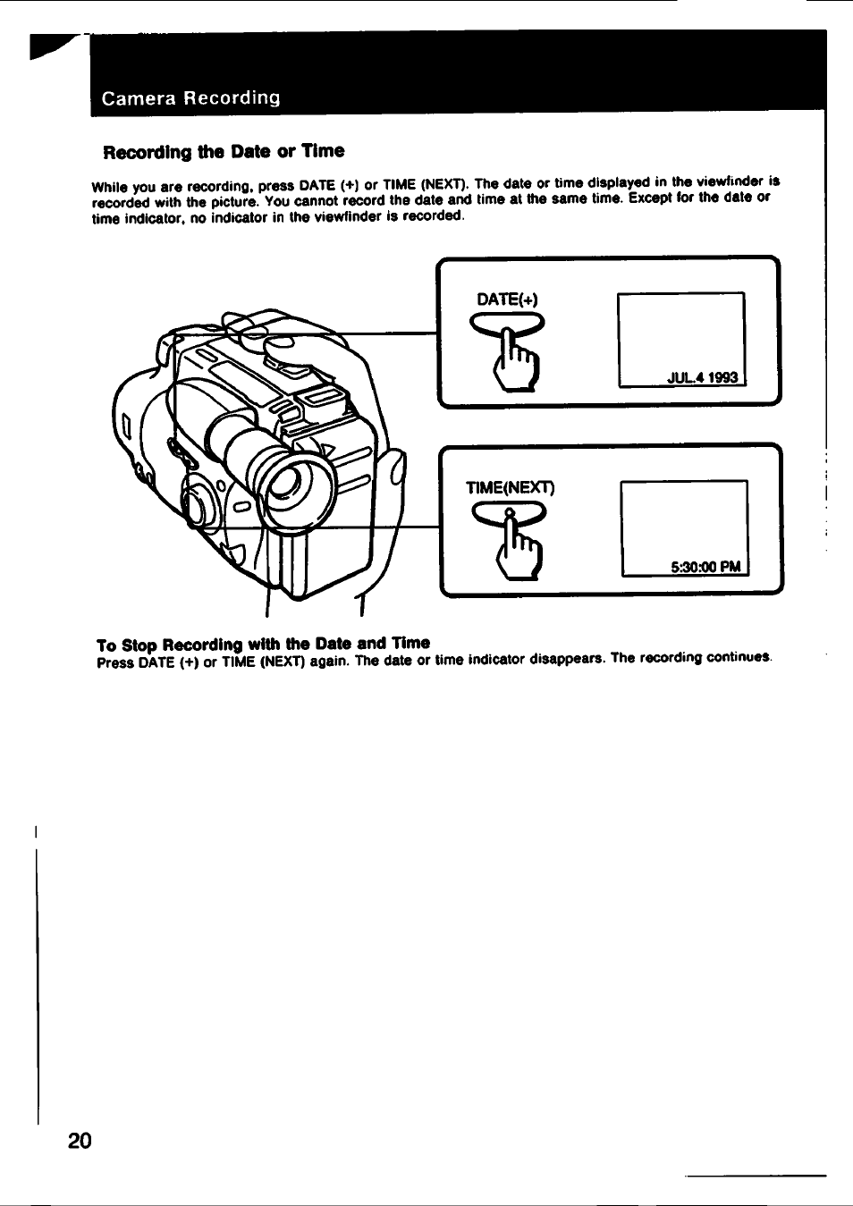 Recording the date or time, Date(+), T)me(ne)ct) | To stop recording with the date and time | Sony CCD-TR61 User Manual | Page 20 / 52