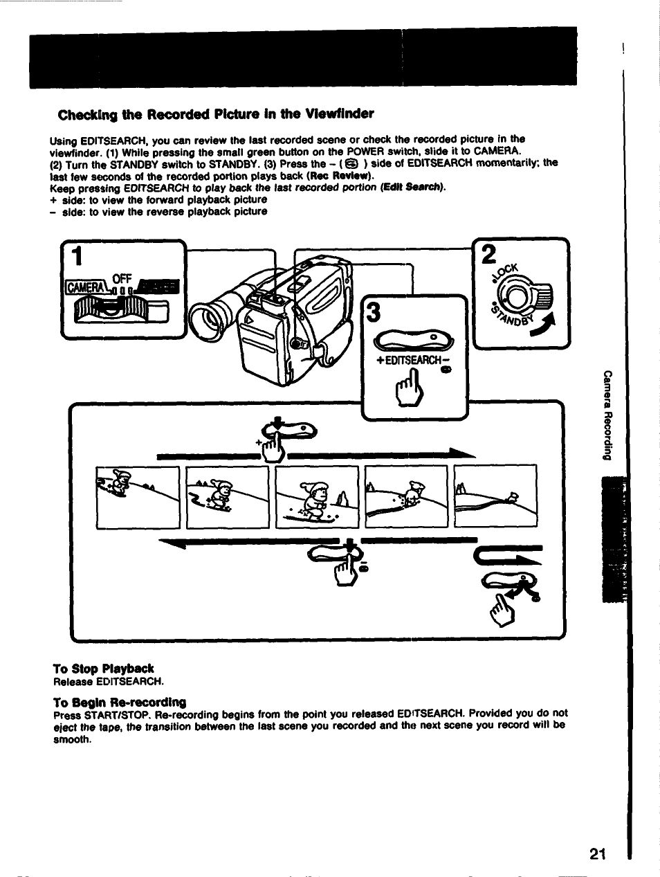 Checking the recorded picture in the viewfinder, To stop playback, To begin re-recording | Icamerau^^ =1 | Sony CCD-TR61 User Manual | Page 21 / 52