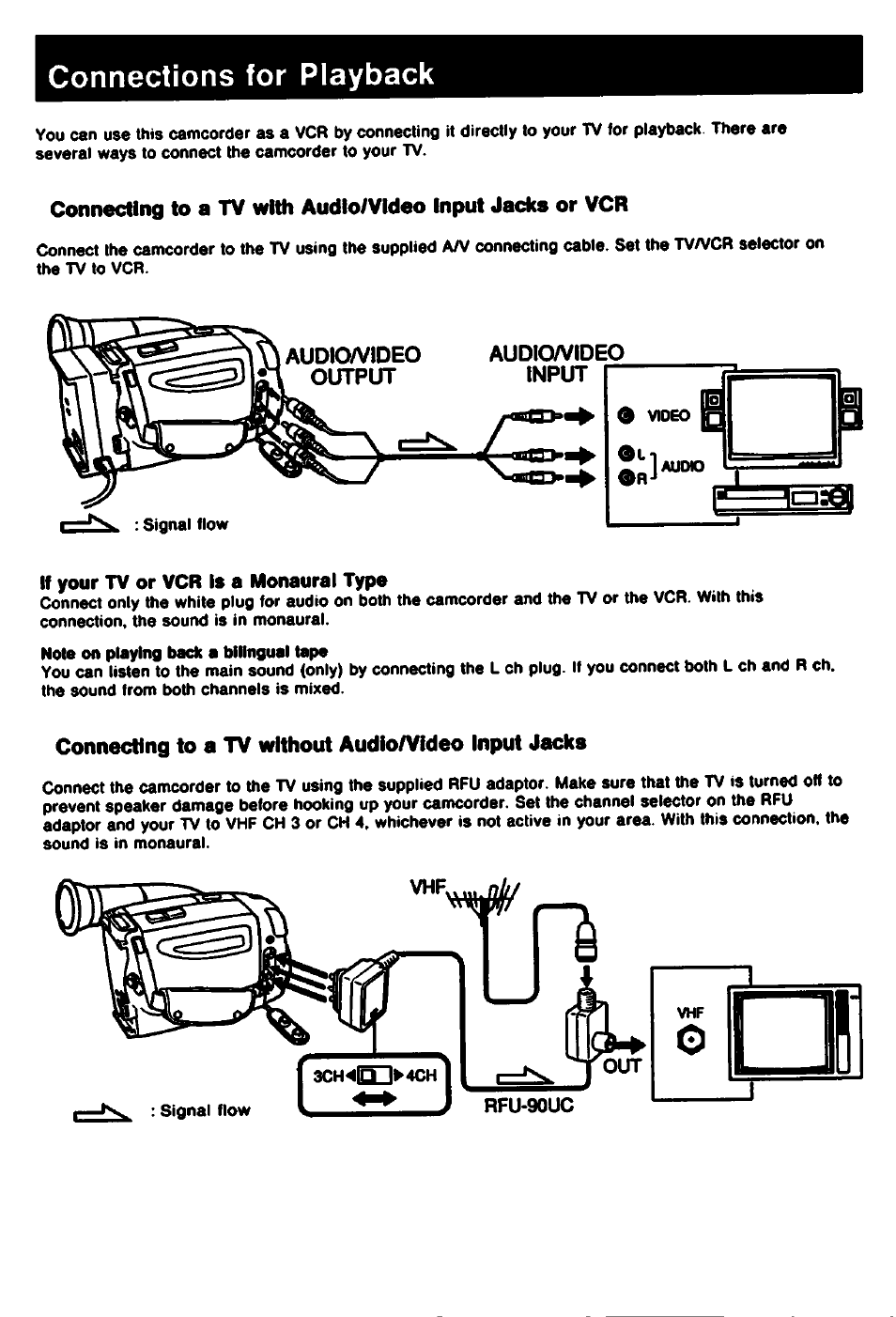 Connections for playback, If your tv or vcr is a monaural type, Connecting to a tv without audlo/video input jacks | Sony CCD-TR61 User Manual | Page 22 / 52