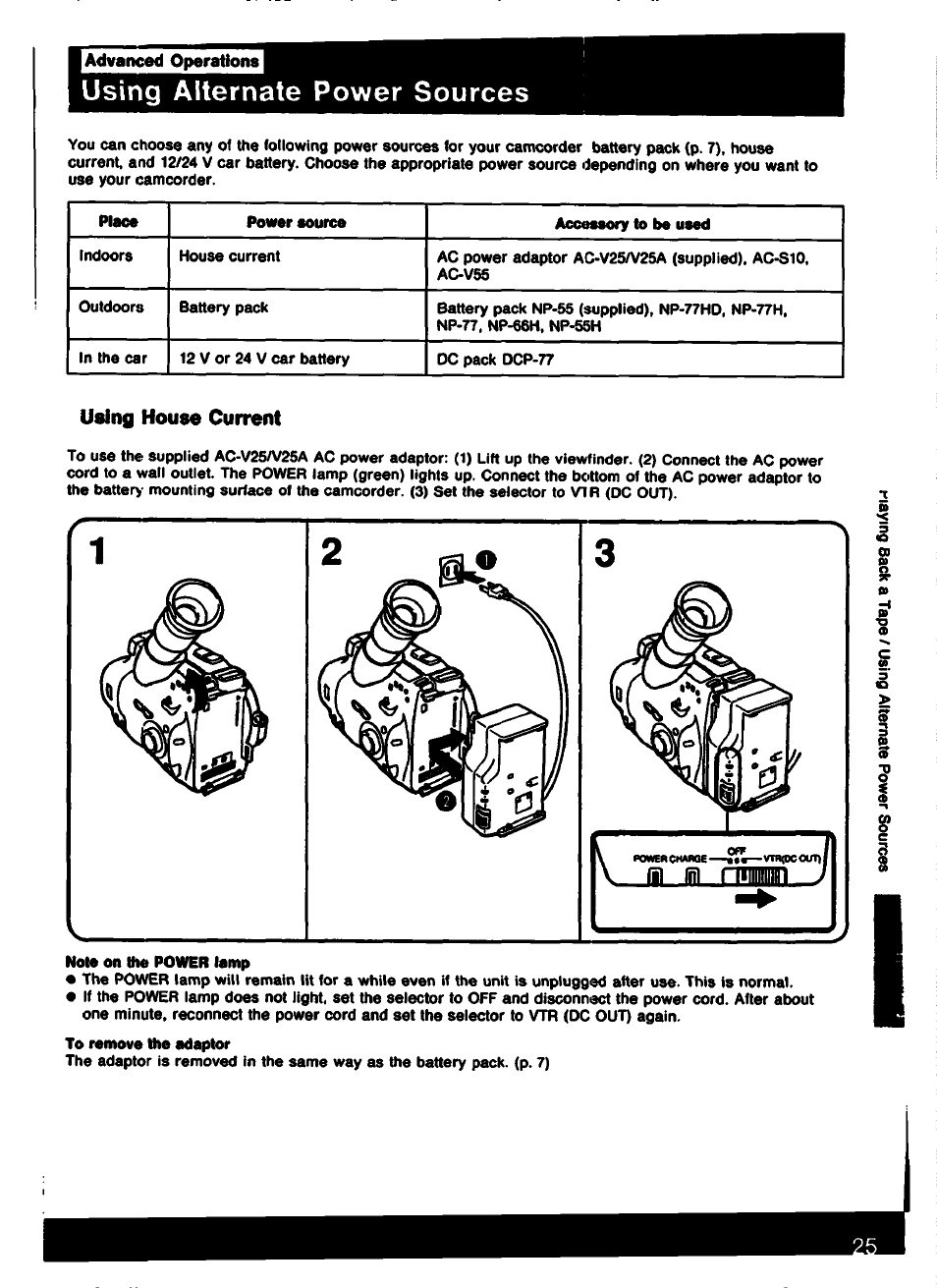Using alternate power sources, Using house current | Sony CCD-TR61 User Manual | Page 25 / 52