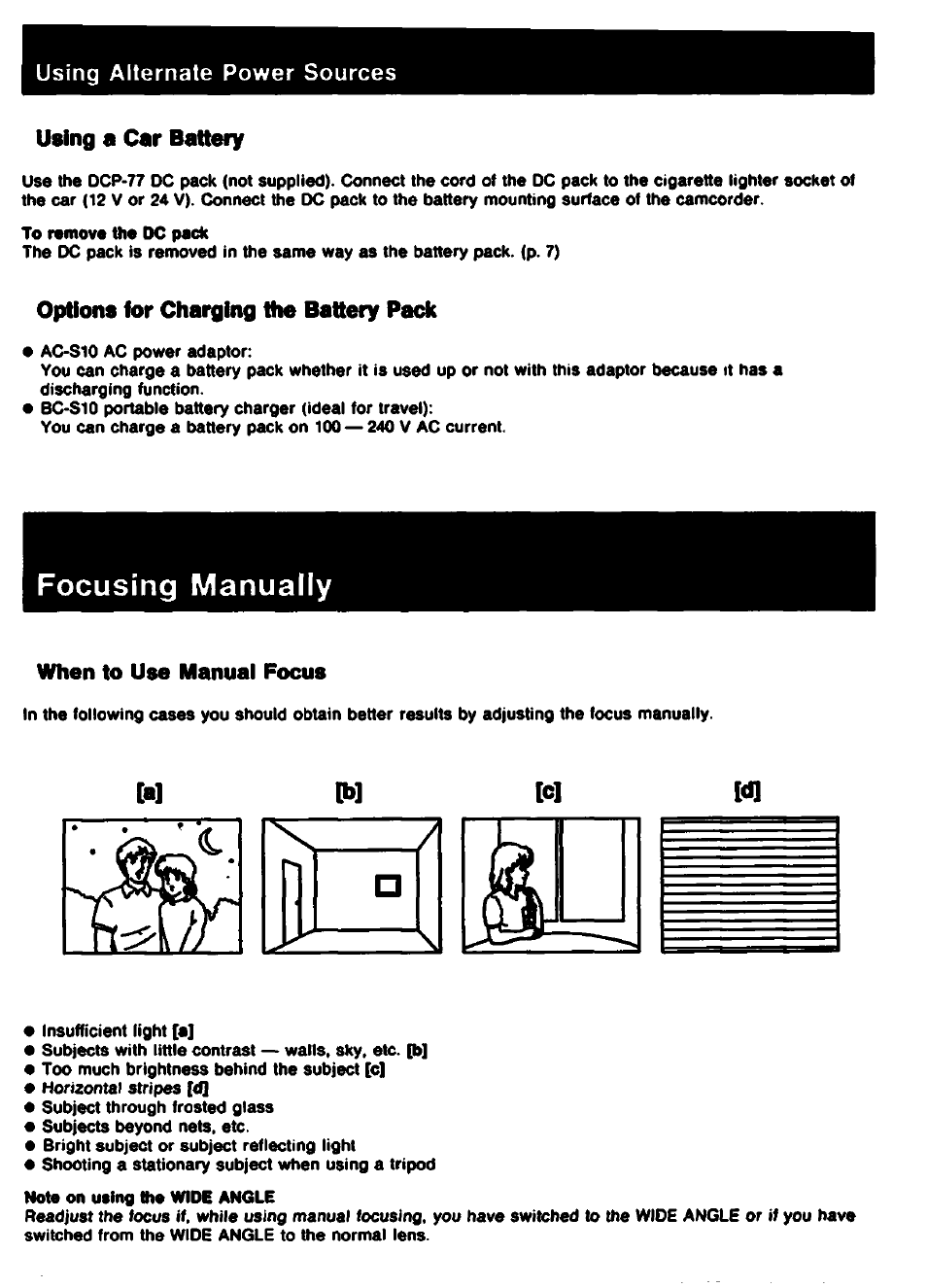 Using a car battery, Options for charging the battery pack, Focusing manually | When to use manual focus | Sony CCD-TR61 User Manual | Page 26 / 52