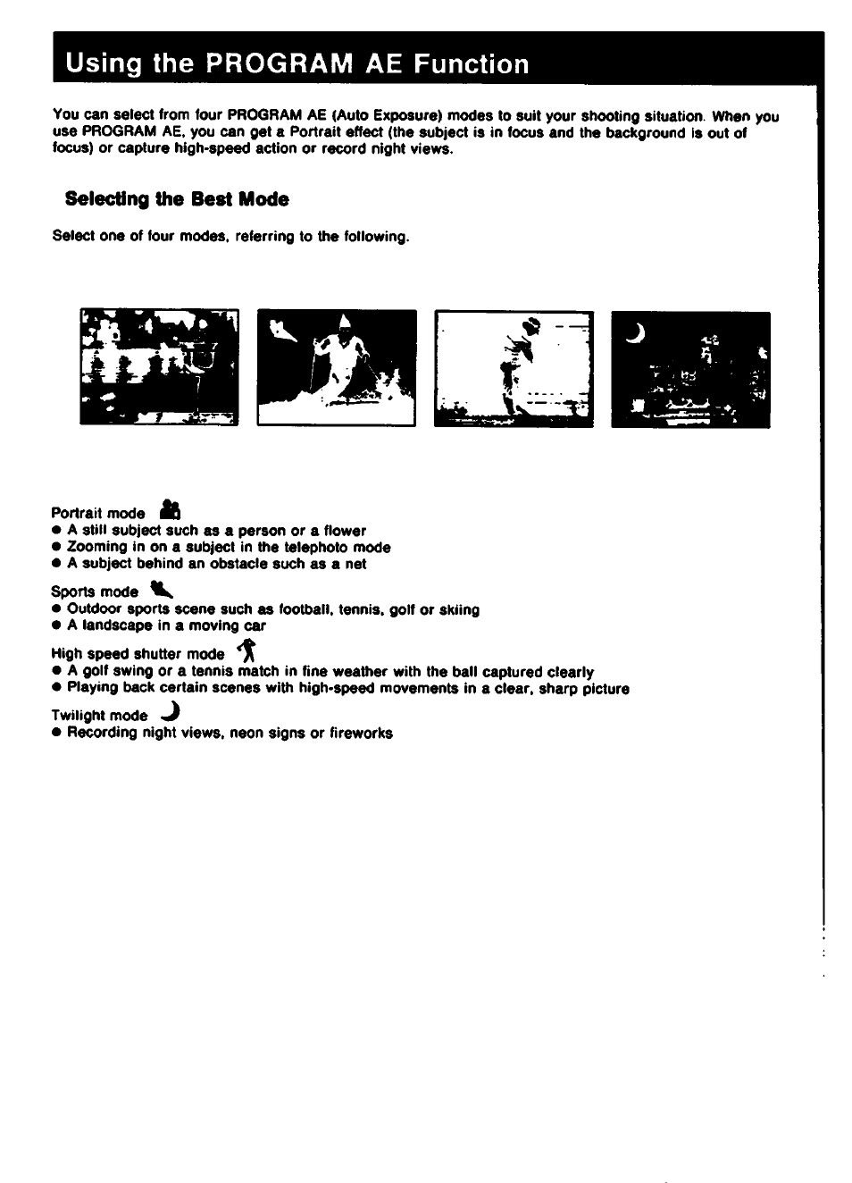 Using the program ae function, Selecting the best mode | Sony CCD-TR61 User Manual | Page 28 / 52