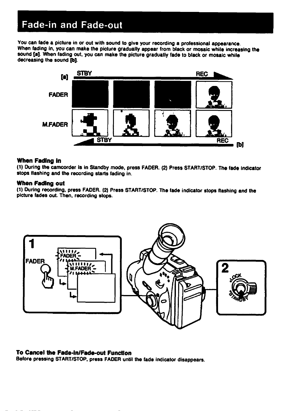 Fade-in and fade-out, Stby rec, When fading in | When fading out, To cancel the fade-in/fade-out function | Sony CCD-TR61 User Manual | Page 30 / 52