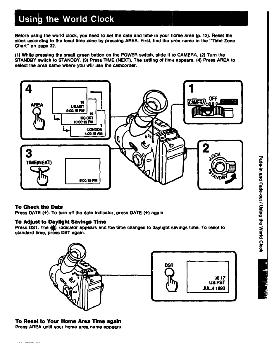 Usin^ the world clock, To check the date, To adjust to daylight savings time | To reset to your home area time again | Sony CCD-TR61 User Manual | Page 31 / 52