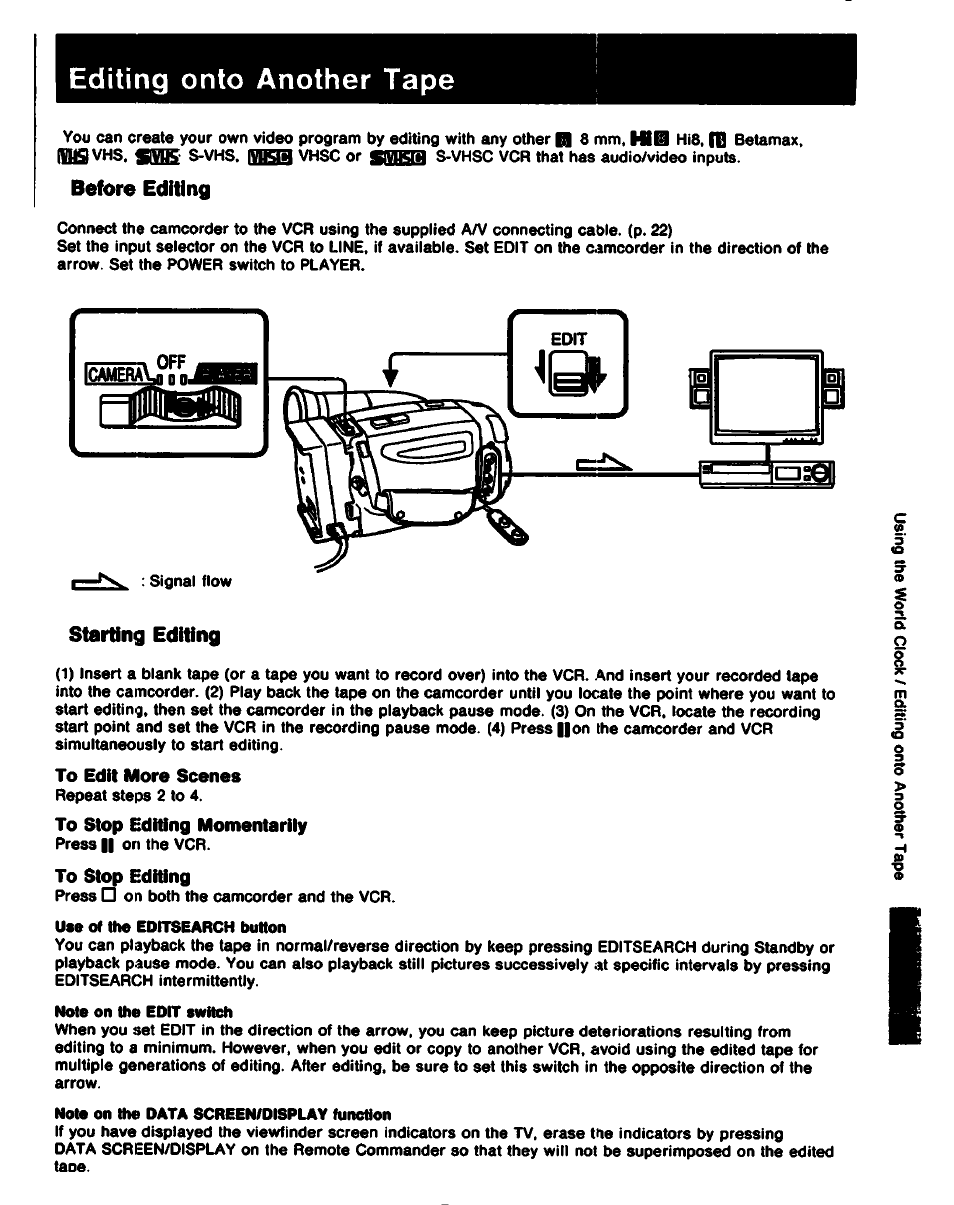 Editing onto another tape, Before editing, Starting editing | To edit more scenes, To stop editing momentariiy, To stop editing | Sony CCD-TR61 User Manual | Page 33 / 52