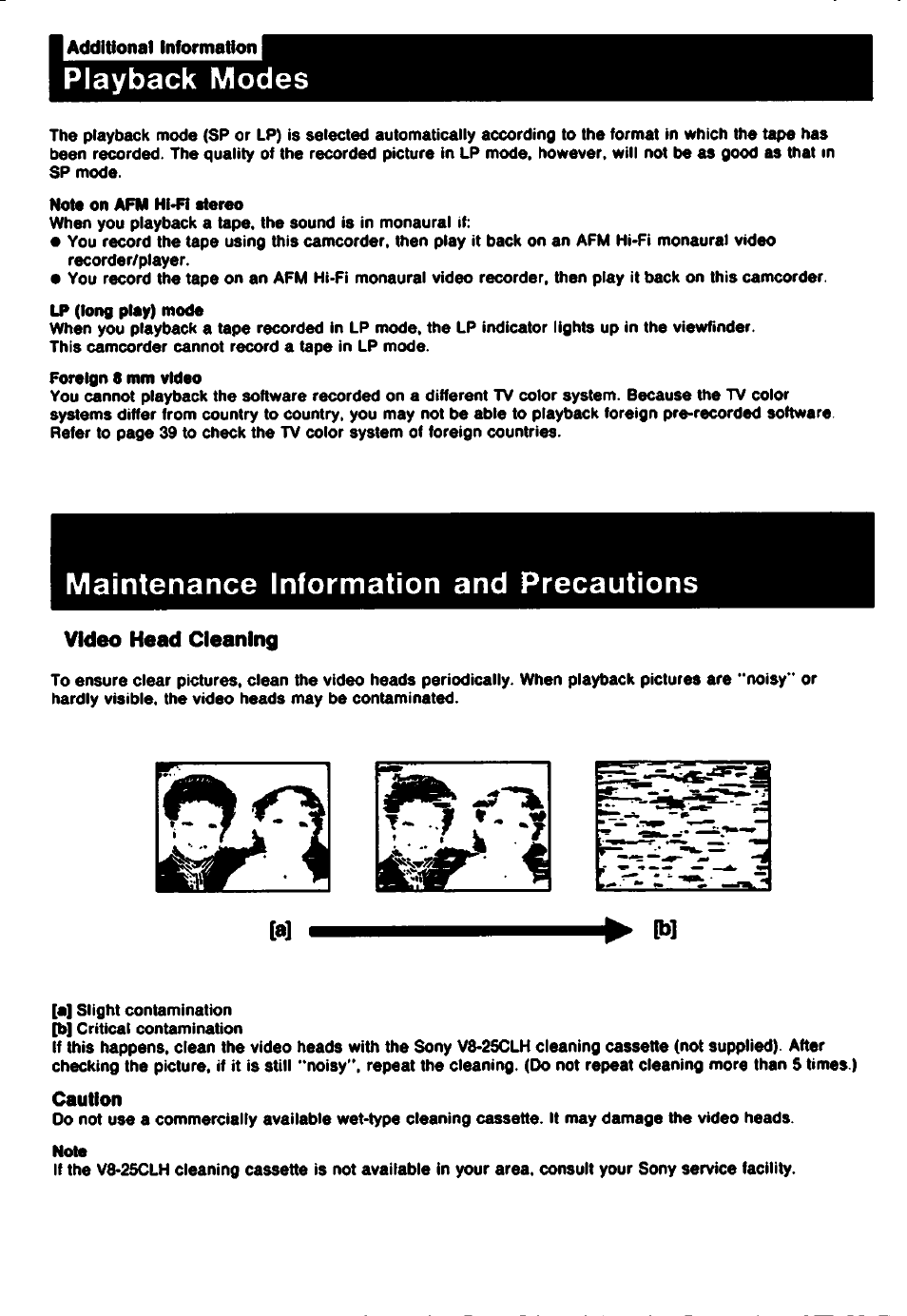 Playback modes, Maintenance information and precautions, Video head cleaning | Caution | Sony CCD-TR61 User Manual | Page 34 / 52