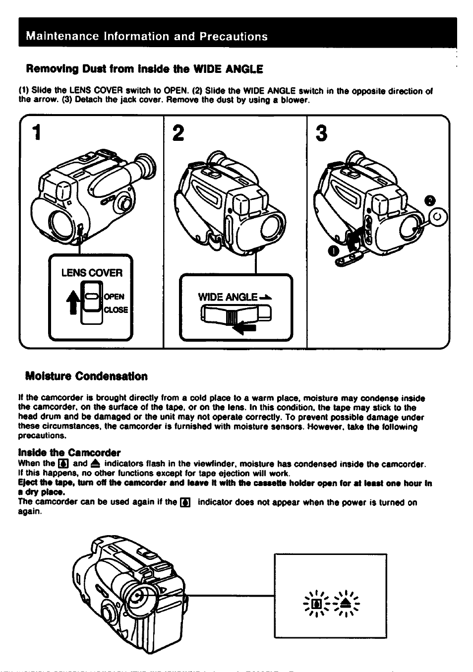 Removing dust from inside the wide angle, Moisture condensation, Inside the camcorder | Sony CCD-TR61 User Manual | Page 36 / 52