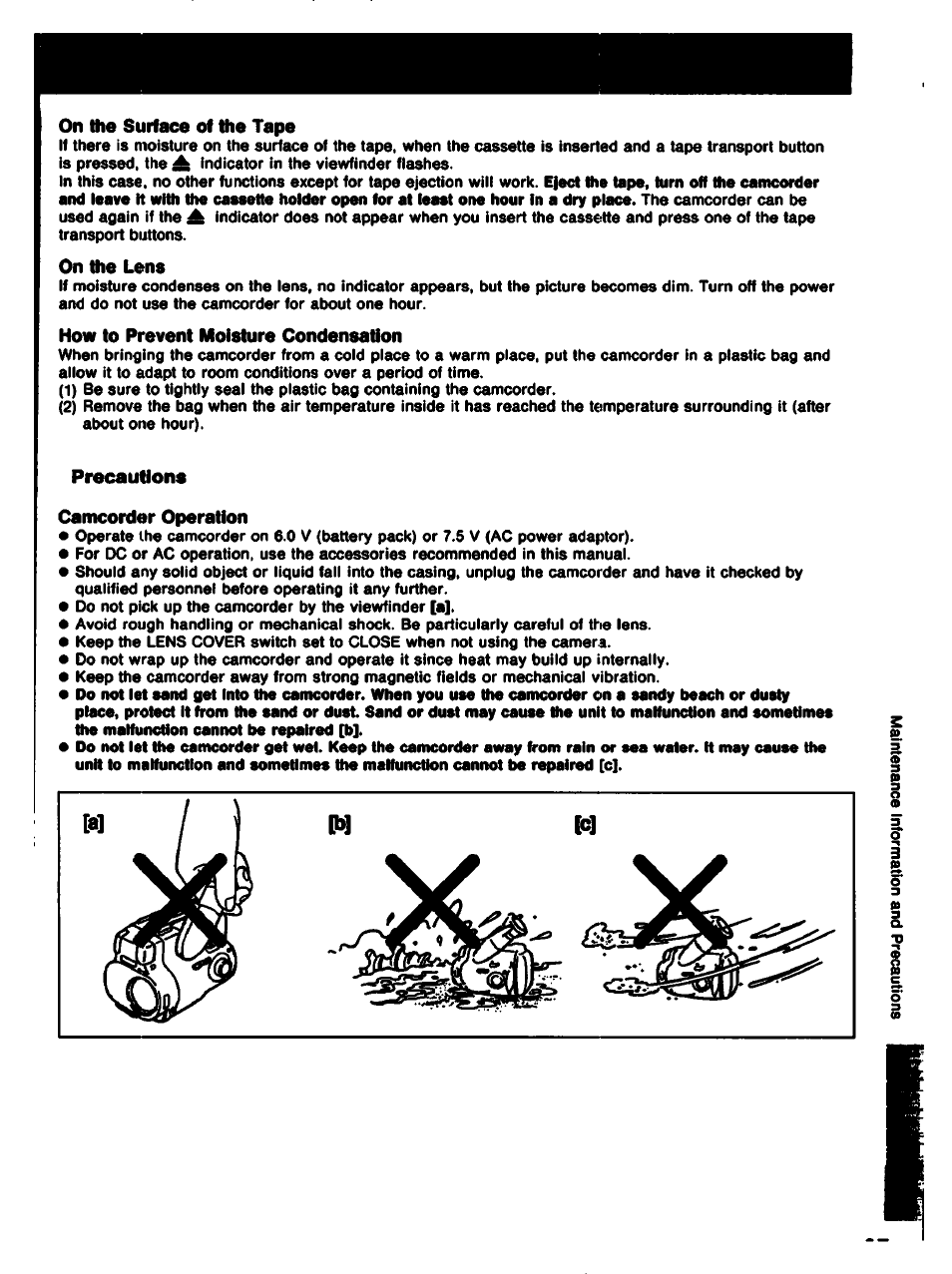On the surface of the tape, On the lens, How to prevent moisture condensation | Precautions, Camcorder operation | Sony CCD-TR61 User Manual | Page 37 / 52