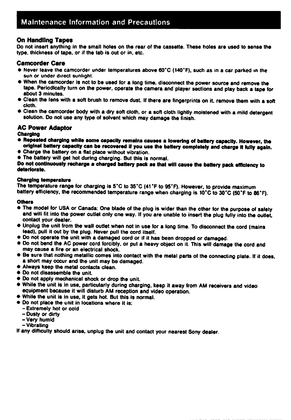 On handling tapes, Camcorder care, Ac power adaptor | Sony CCD-TR61 User Manual | Page 38 / 52