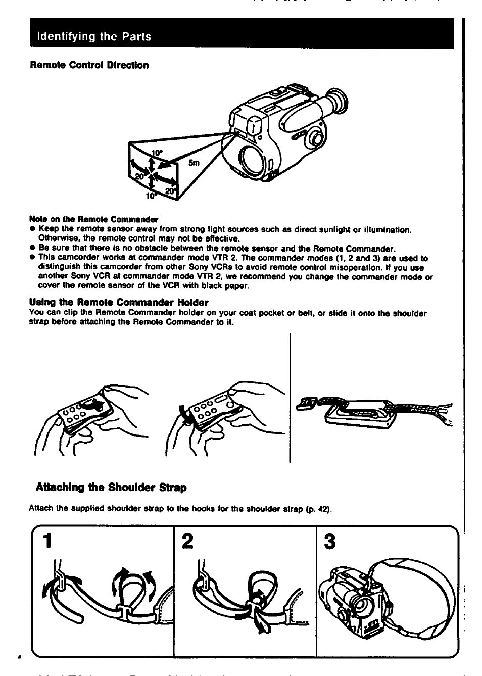 Remote control direction, Using the remote commander holder, Attaching the shoulder strap | Sony CCD-TR61 User Manual | Page 44 / 52