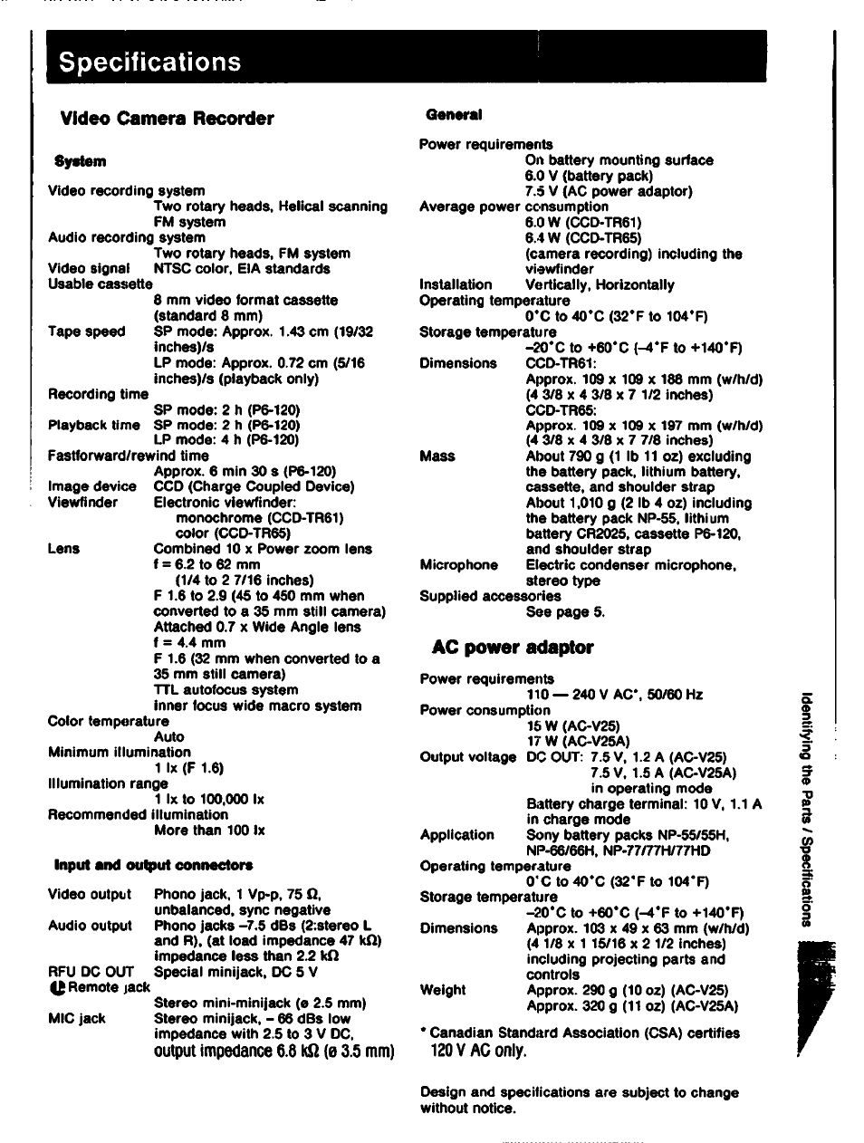 Specifications, Video camera recorder, Ac power adaptor | Sony CCD-TR61 User Manual | Page 45 / 52