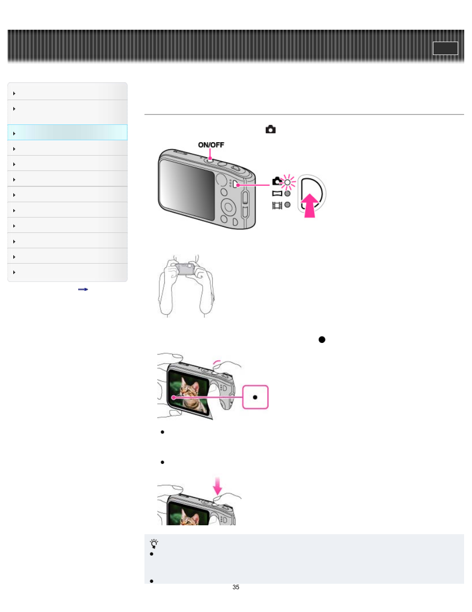 Shooting still images, Cyber-shot user guide | Sony DSC-TF1 User Manual | Page 35 / 165