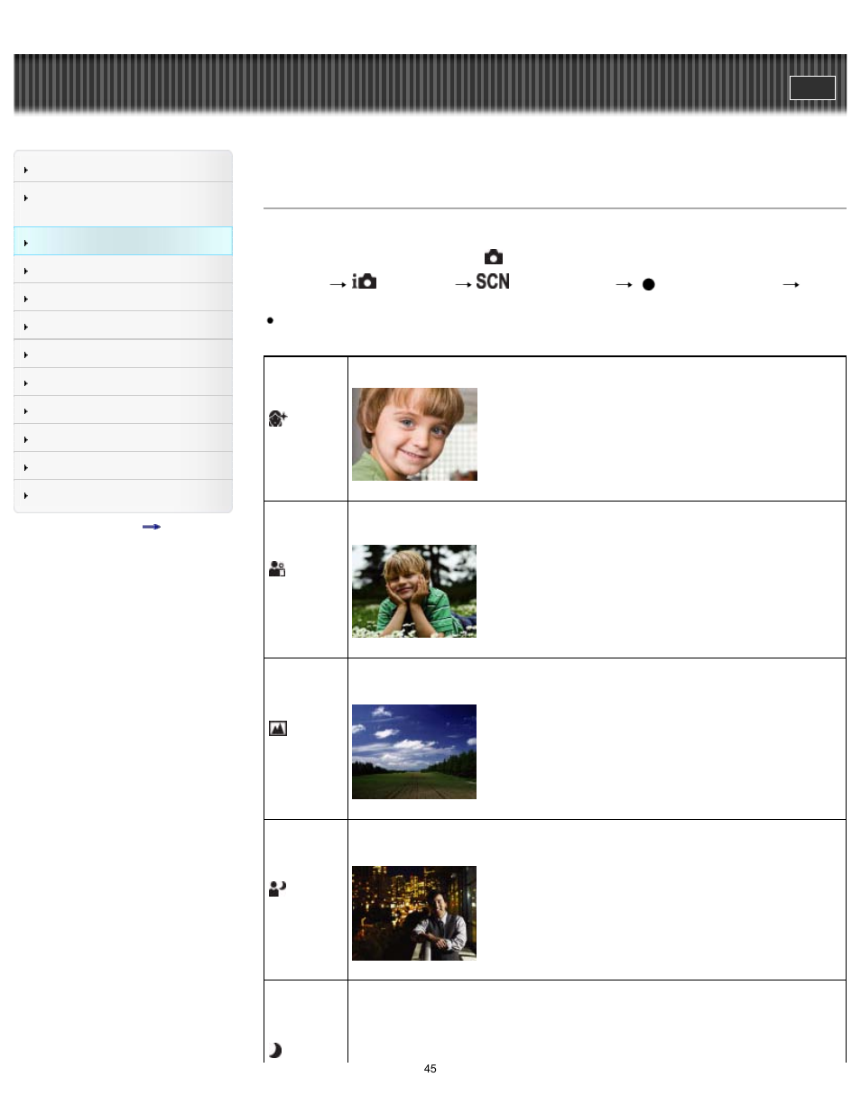 Scene selection, Details, Cyber-shot user guide | Sony DSC-TF1 User Manual | Page 45 / 165