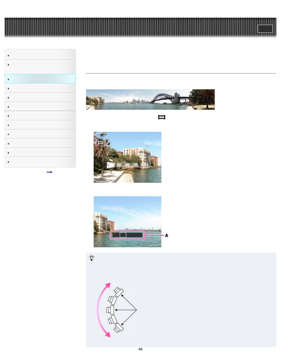 Shooting panoramic images, Cyber-shot user guide | Sony DSC-TF1 User Manual | Page 48 / 165