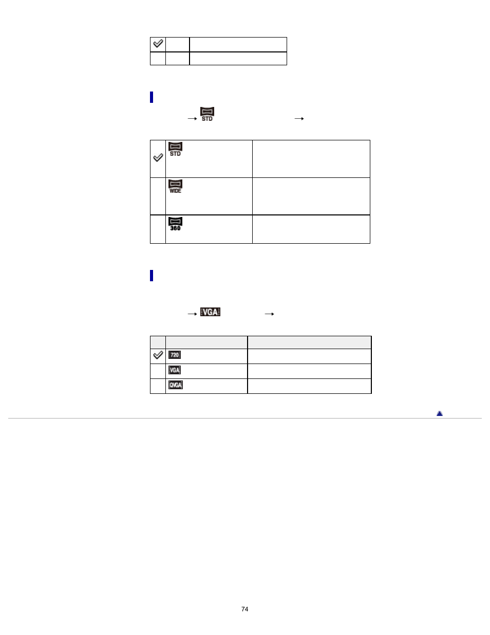 Image size when shooting sweep panorama, Image size when shooting movies | Sony DSC-TF1 User Manual | Page 74 / 165